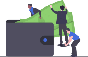 vector illustration of business men putting giant money on a giant wallet