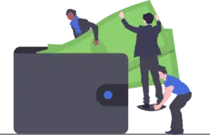 vector illustration of business men putting giant money on a giant wallet