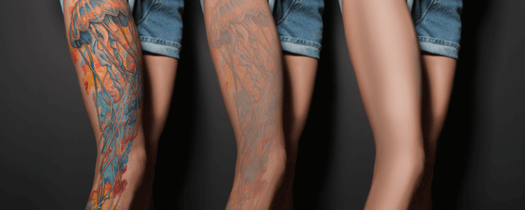 Image of woman's leg before and after Picocare 450 laser tattoo removal procedure.