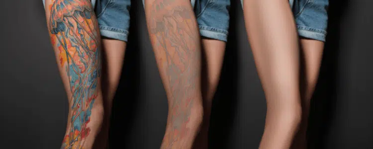 Image of woman's leg before and after Picocare 450 laser tattoo removal procedure.